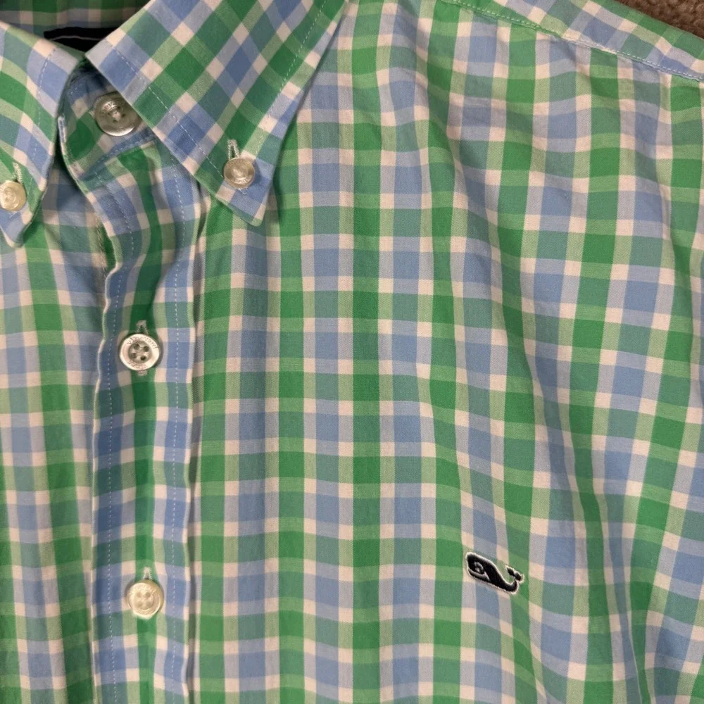 Vineyard Vines Button Down Mens Large Green Blue Gingham Whale Shirt Casual